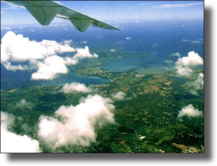 Airline flight over Caravelle Peninsula, Martinique, French West Indies, French Caribbean International