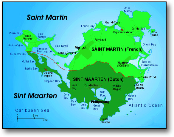 St. Martin, St. Maarten, Map, Carte, French West Indies, French Caribbean International
