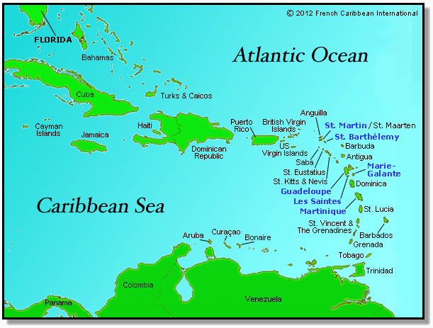 Caribbean map with Guadeloupe, Martinique, St. Barts, St. Martin, Les Saintes and Marie-Galante | © 2012 French Caribbean International